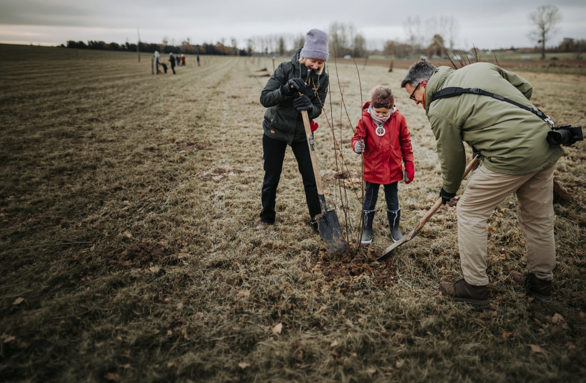 Gezin plant een boom op de plantdag